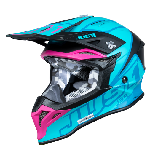 Just1 J39 Motocross Helmet Thruster Petrol Blue Fuxia Black